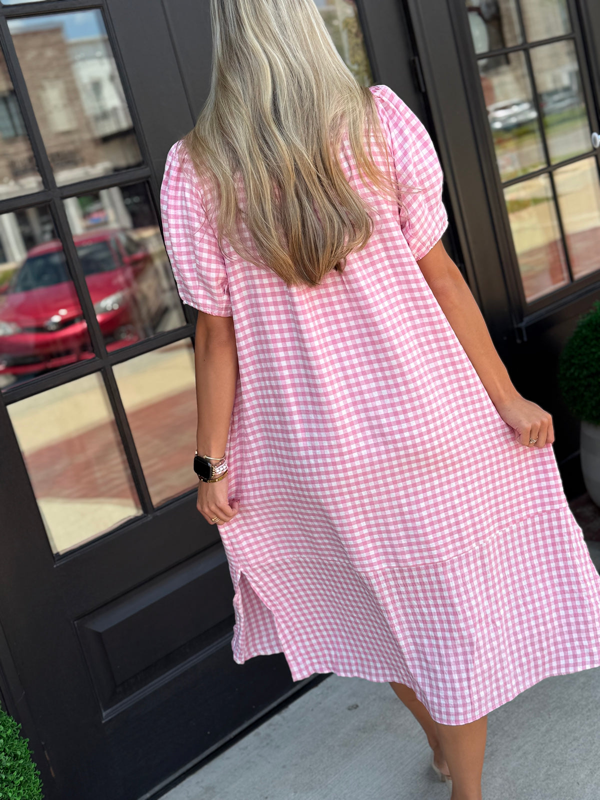pink gingham dress Maxi tailored silhouette Mary Pink Gingham Maxi Dress