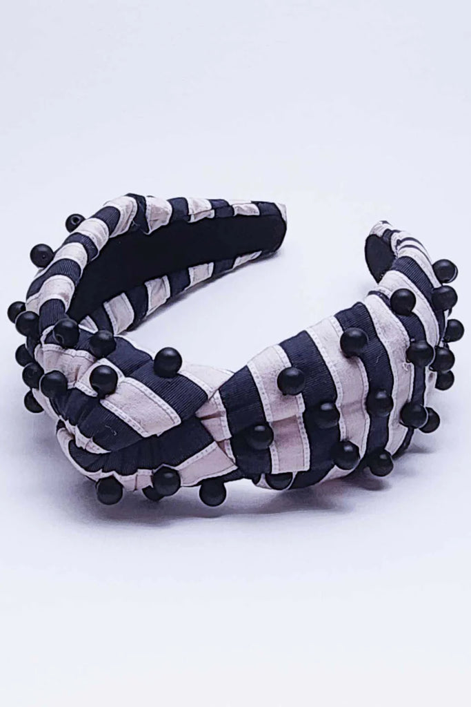 Striped Beaded Knot Headband- Black