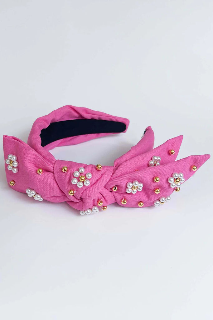 Pearl Daisy Bow Headband- Bubblegum