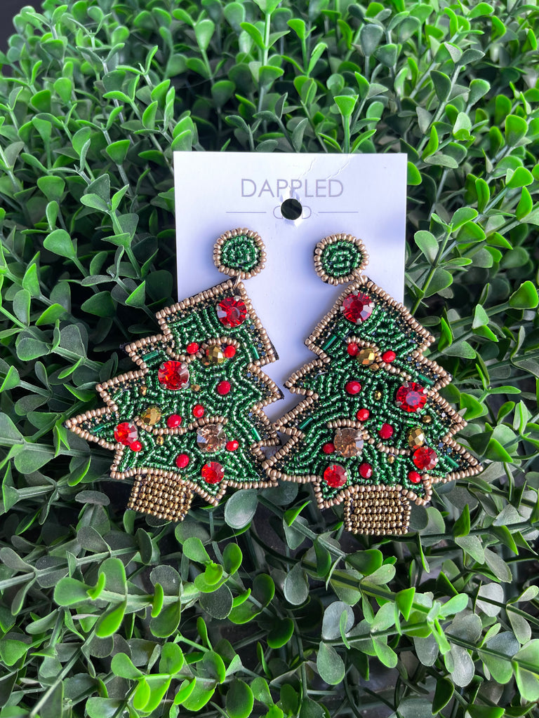 Red and Gold Ornament Christmas Tree Earrings
