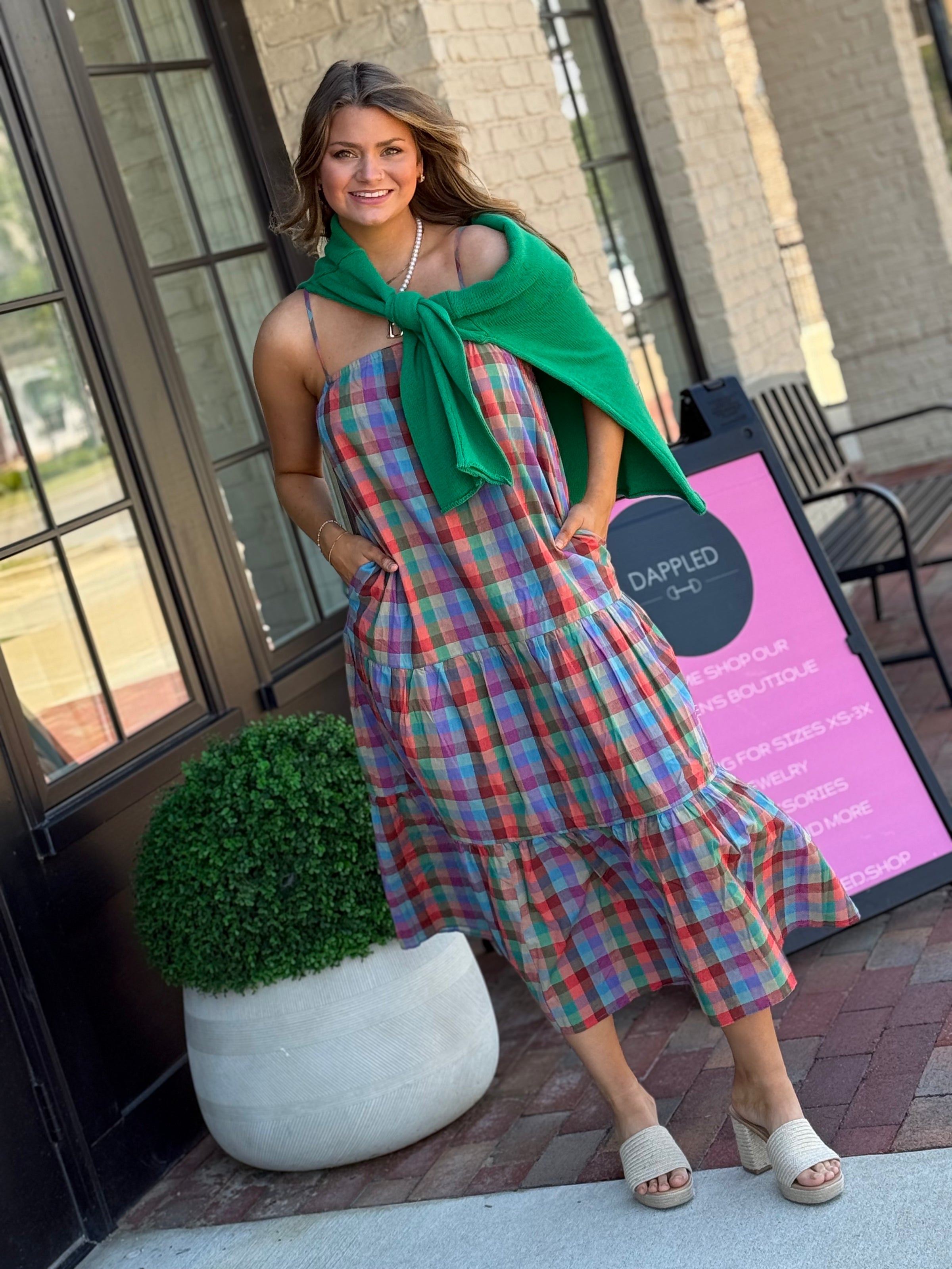 pink and green plaid dress IMAGINE THAT GREEN PINK PLAID MIDI DRESS l FLYING TOMATO GREEN PINK / M
