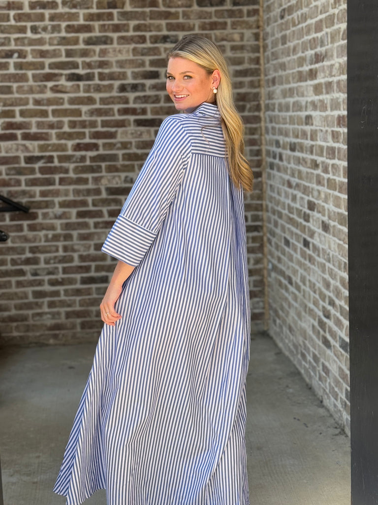 Striped Maxi Shirt Dress- Blue