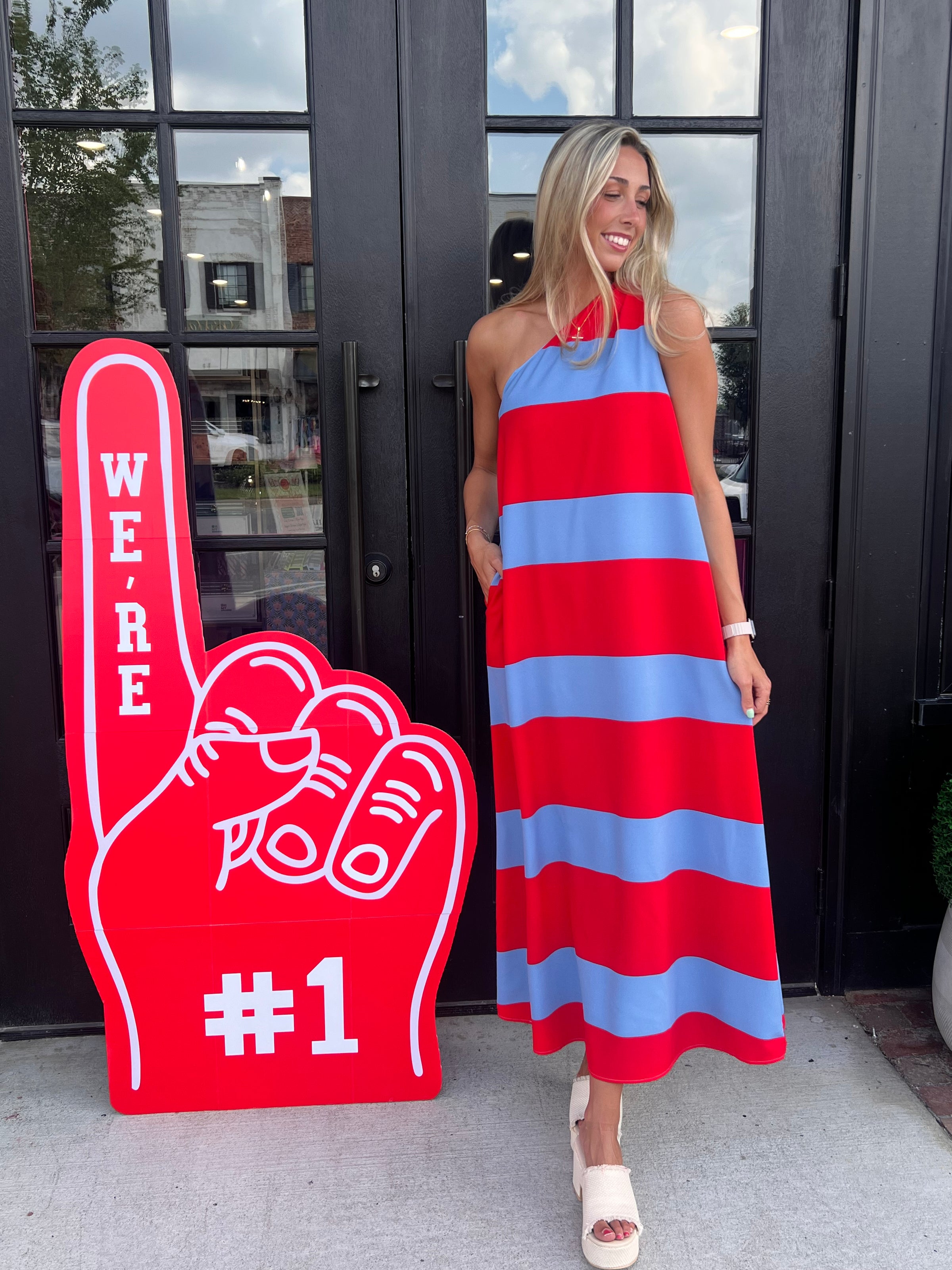 Striped Perfection Midi Dress- Red/Blue