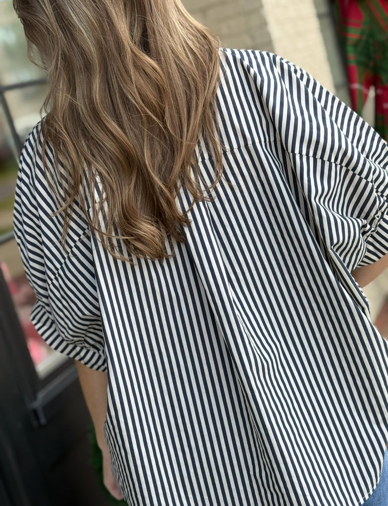 Navy and Ecru Striped Blouse