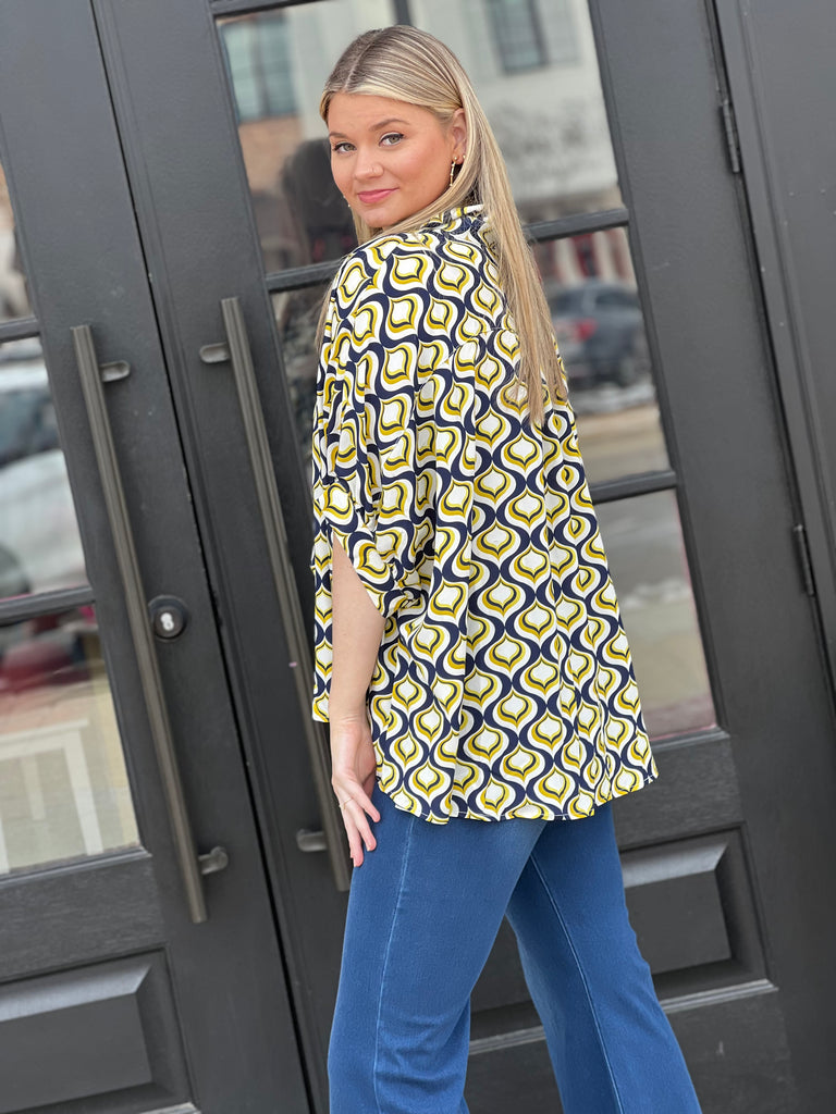 On the Move Blouse- Navy/Yellow
