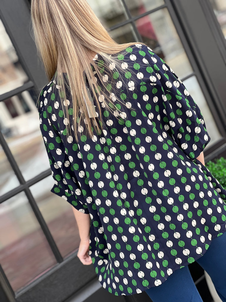 On the Move Blouse- Navy/Kelly Green