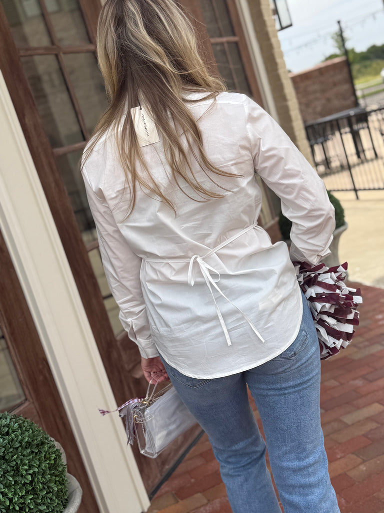 Collared Self-Tie Button Down Top