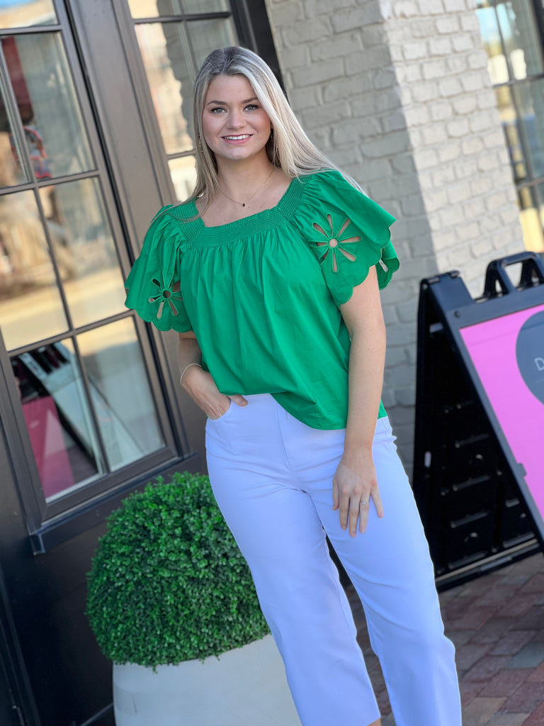 Floral Cutout Top- Kelly Green
