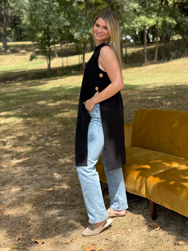 Sleeveless Knitted Vest Top- Black