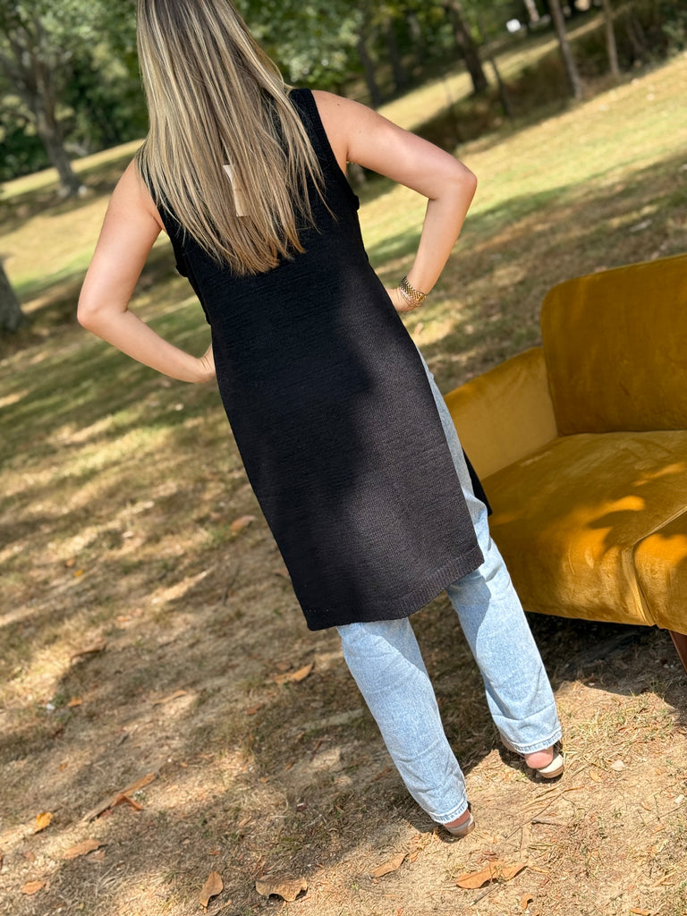 Sleeveless Knitted Vest Top- Black
