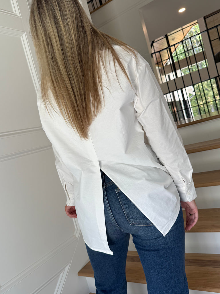 Poplin Back Slit Button Down Blouse