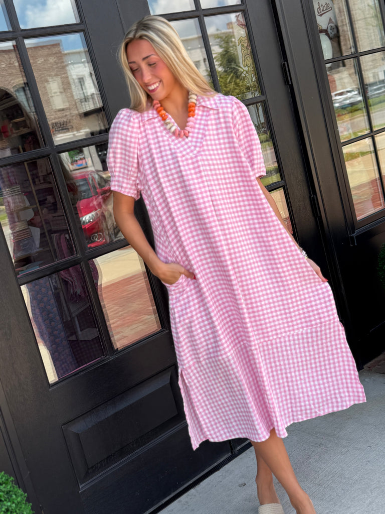gingham dress pink Lost in Thought Mini - and Taupe (FINAL SALE) Blush Gingham Print Game On Gingham Dress
