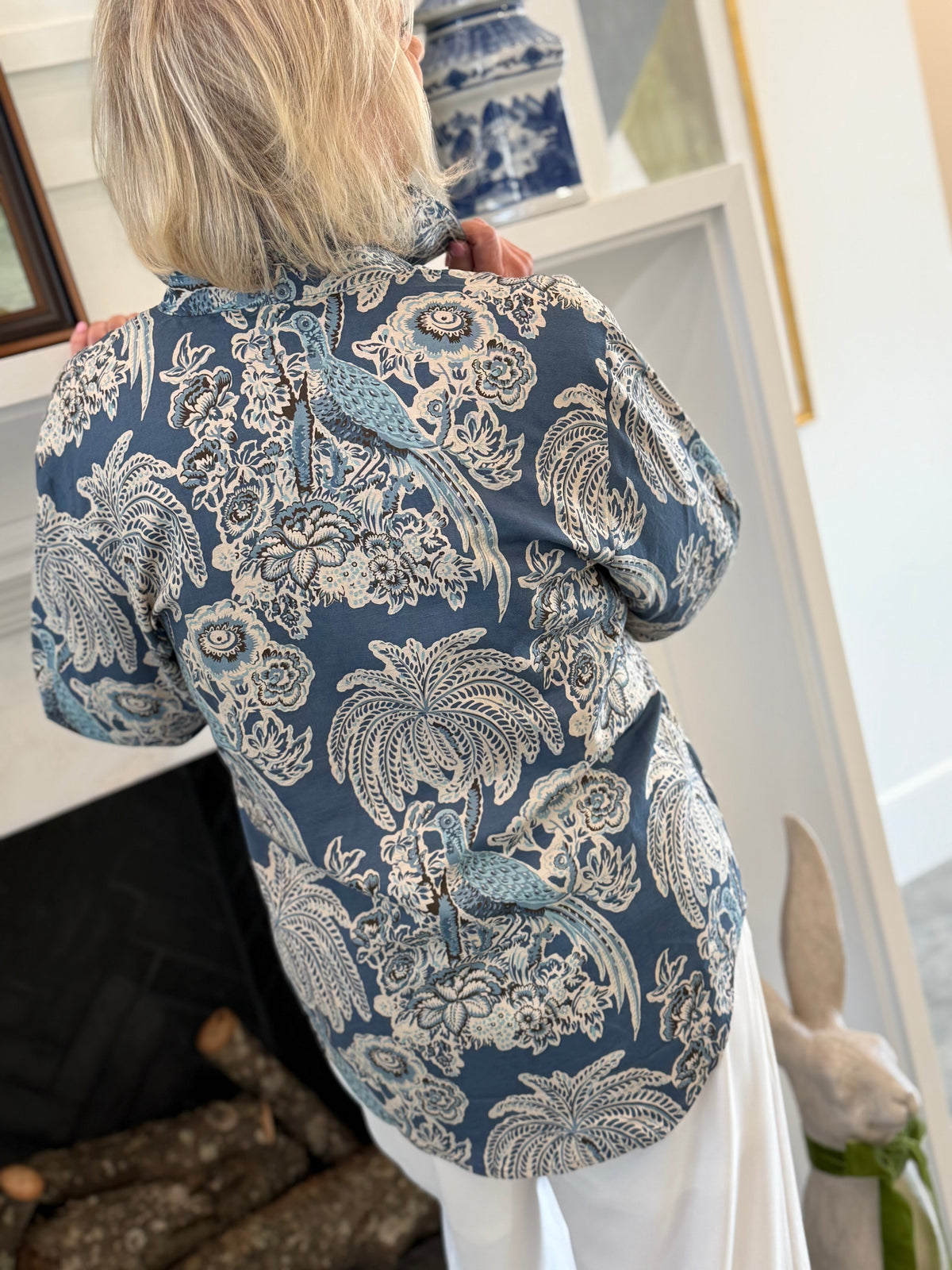 Spartina Aida Relaxed Button Front Blouse- Augustine Pird Palm Blue ...