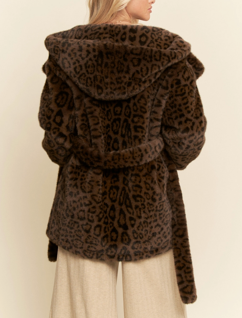 Faux Fur Leopard Print Hooded Jacket