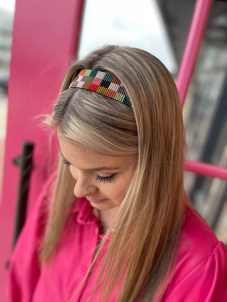 Beaded Hat/Hair Band-Checkered Color