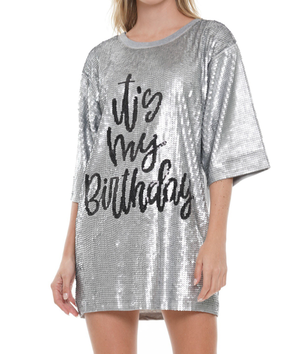 Silver Sequin "It's My Birthday" Oversized TShirt Dress